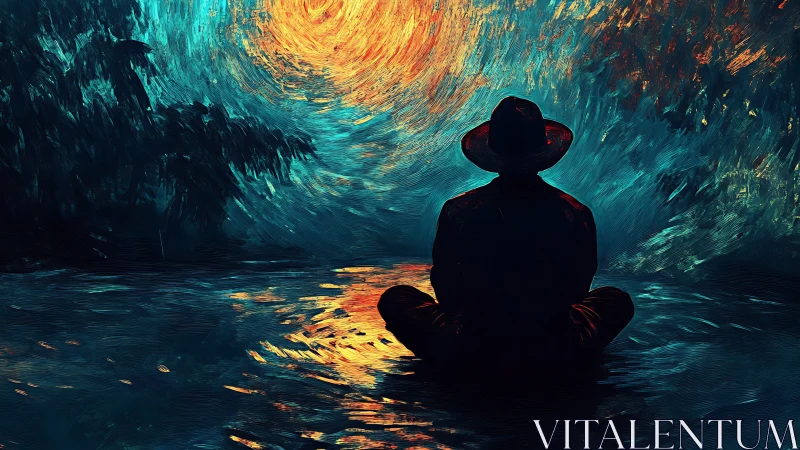 Lone river dreamer under a swirling ember sky of quiet fire.