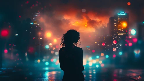 Silhouetted figure observes neon-lit skyline in atmospheric haze