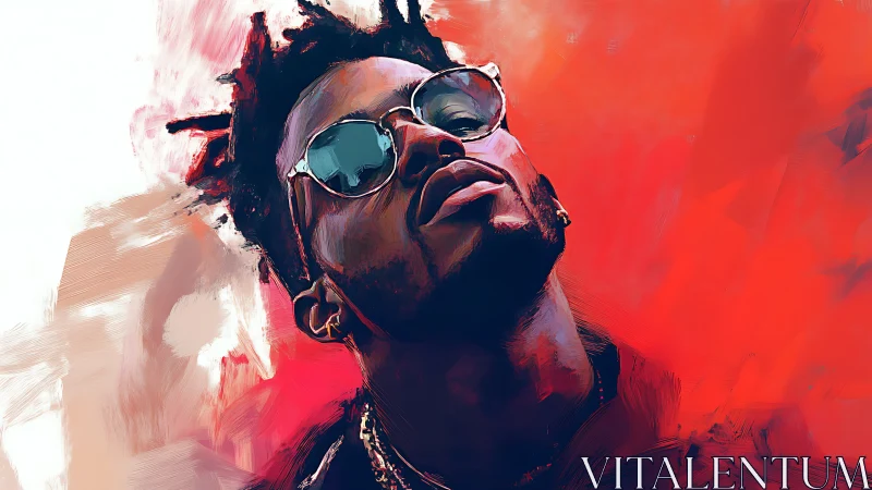 Bold portrait of man in sunglasses on vivid red backdrop.