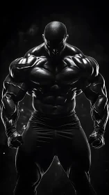Shadowed superhuman bodybuilder stands in dramatic backlight
