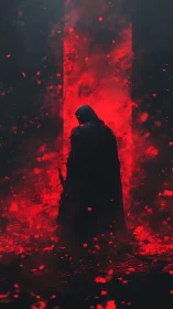 Hooded figure before vertical red portal in dark space.