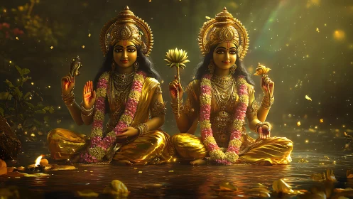 Golden twin goddesses resting in gentle shimmering light.
