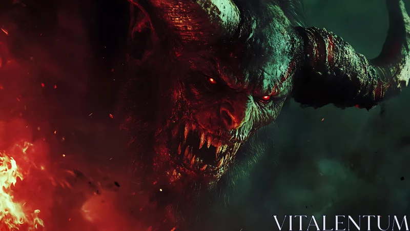 Demonic horned beast emerges from infernal green shadow.