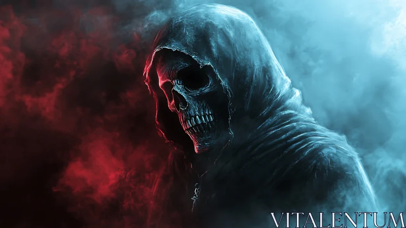 Grim reaper drifts through crimson and icy spectral mist.