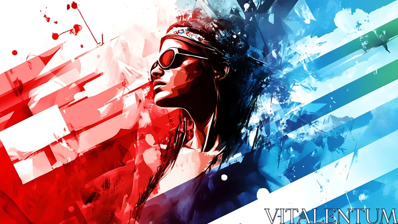Stylized portrait with dynamic red blue abstract vector streaks