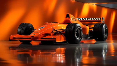 Orange formula race car under studio lights in profile.
