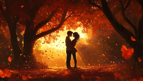 Silhouetted couple kissing beneath golden autumn canopy at sunset