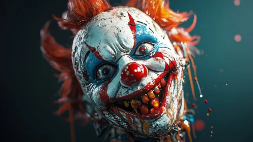 Hyperreal grotesque killer clown portrait with splatter decay