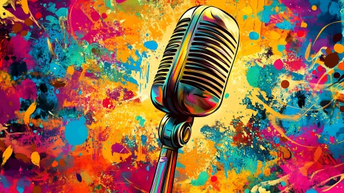 Retro microphone glowing inside a joyful color storm.