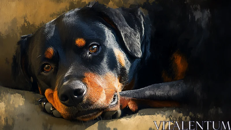 Sunlit rottweiler drifts into daydreams on a quiet cushion