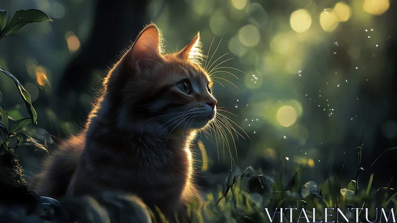 Golden Hour Backlighting on Tabby Feline in Verdant Environment