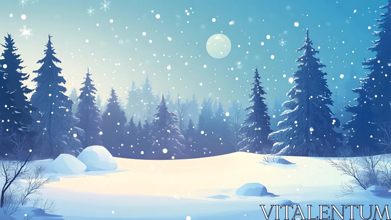 Snow covered pine forest under falling winter snowfall.