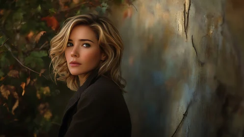 Autumn-eyed woman pausing by a weathered, painterly wall.