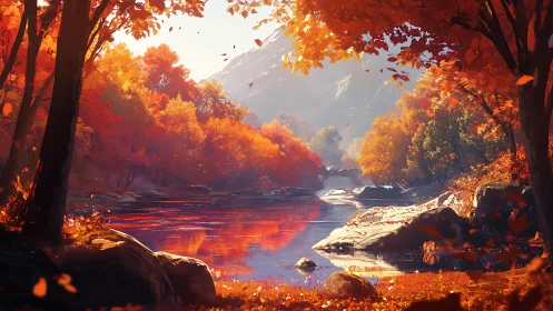 Crimson trees lean inward while the quiet river mirrors fire