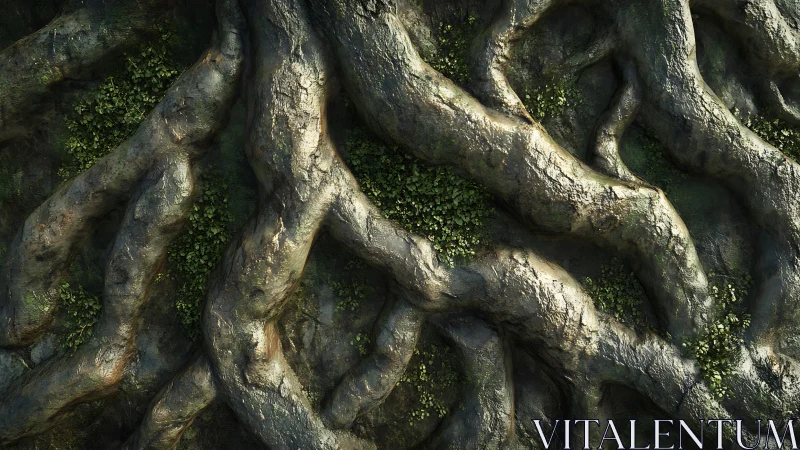 Intertwined tree roots with moss and ground vegetation detail.