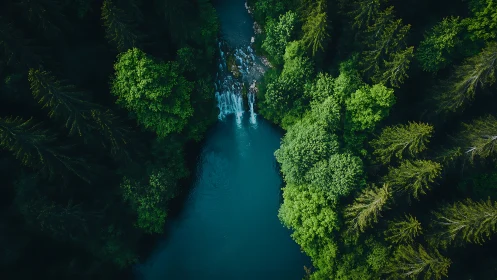 Aerial forest river corridor with cascading waterfall focus.