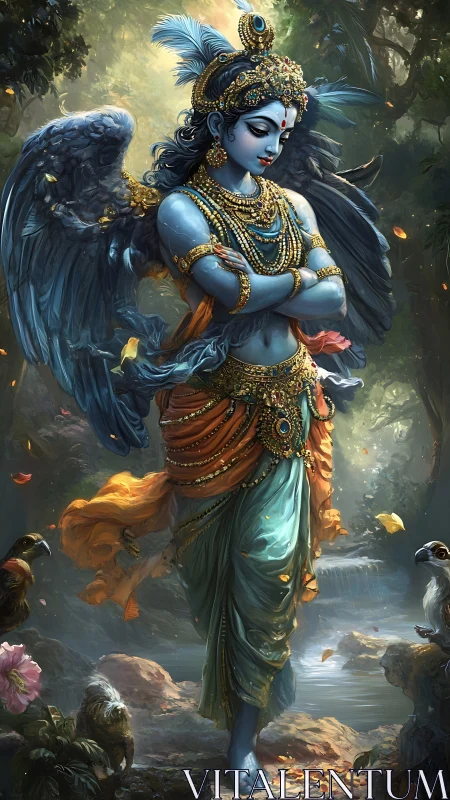 Winged blue deity strolls through a spellbound forest glade