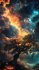 Cosmic nebula sky framing luminous celestial tree artwork.