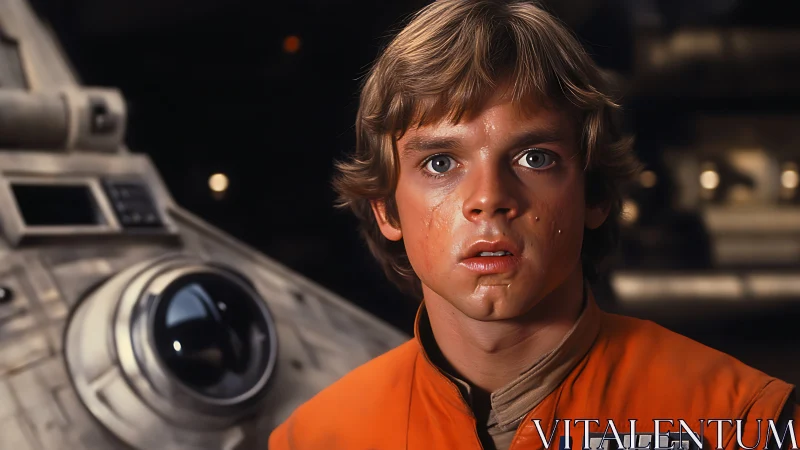 Young starfighter pilot gazes ahead in tense cockpit light