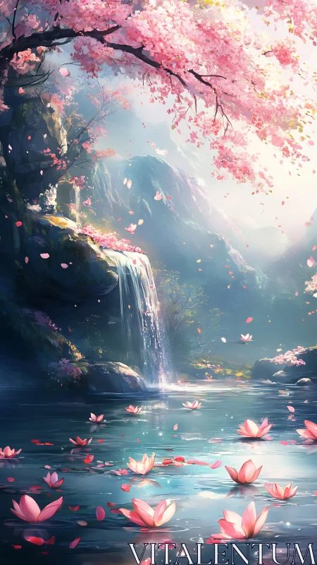 Cherry blossom waterfall mirrors tranquil lotus lake dream