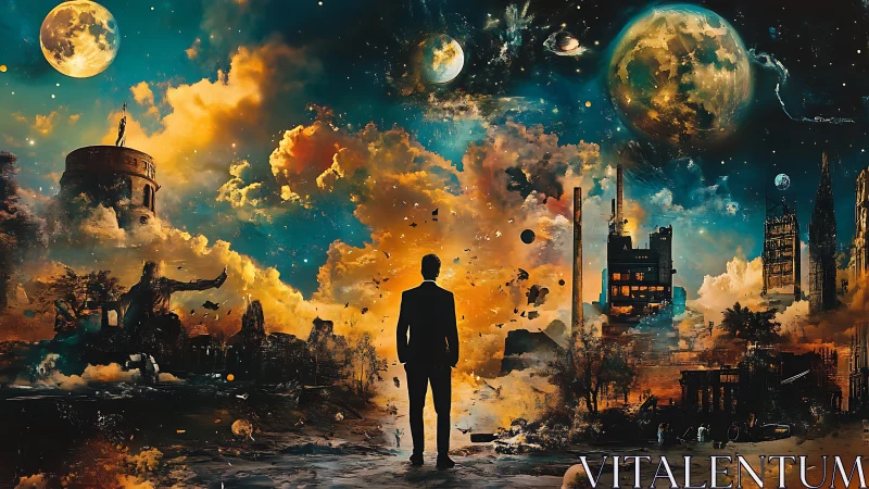 Silhouetted figure surveys divided cosmic-industrial skyline.