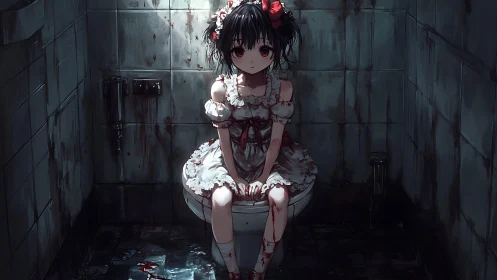 Bloodstained porcelain princess in a ruinous tiled tomb.