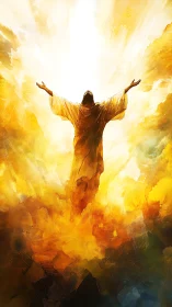 Radiant robed figure ascends into blinding golden light.