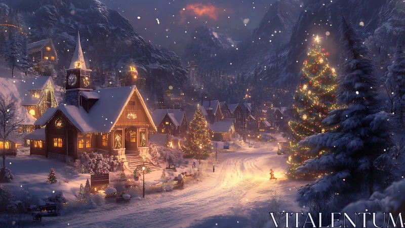 Snow-covered mountain village with illuminated Christmas trees.