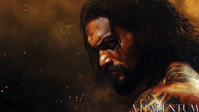 Warrior portrait intensifies through low-key lighting and sparks