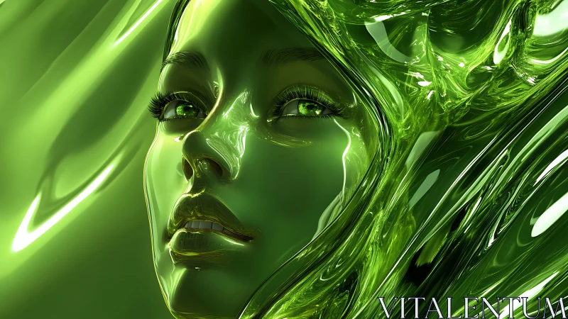 Female face rendered in translucent reflective green liquid