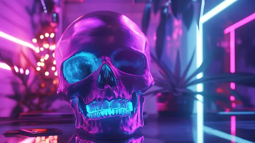 Luminous neon skull in reflective cyberpunk lounge interior.