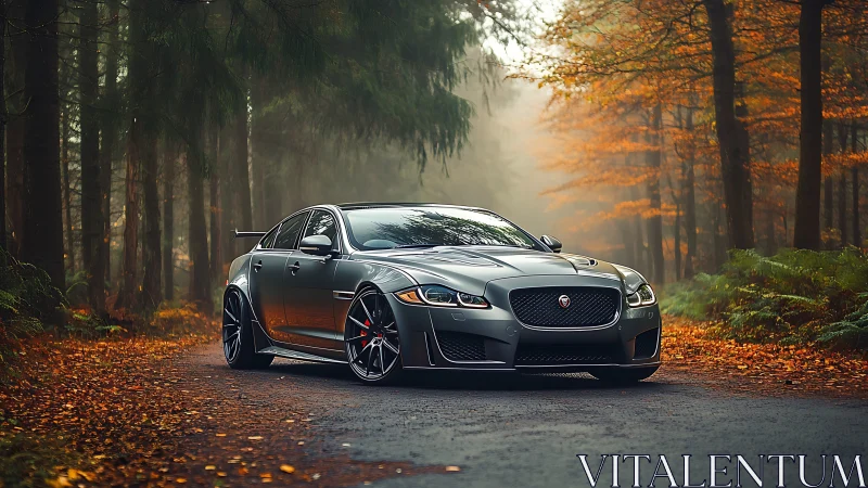 Sport sedan on misty forest road in rich autumn light.