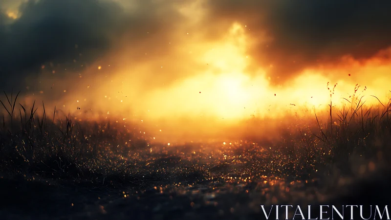 Sunlit embers drift above a misty path at burning dusk