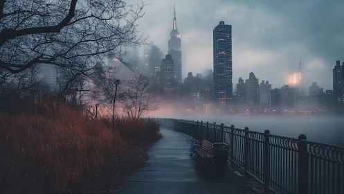 Fog-drenched city skyline beside moody riverside path.