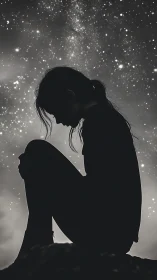 Silhouetted dreamer curls into quiet thought beneath galaxies