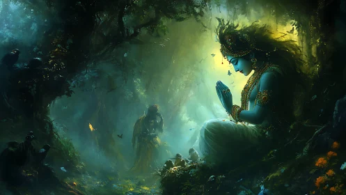 Blue-skinned deity in dense forest with praying posture.
