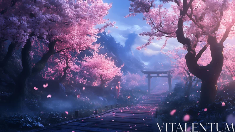 Moonlit cherry blossom path frames distant mountain gate.