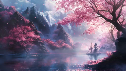 Sakura valley surrounds misty lake and distant pagoda temple.