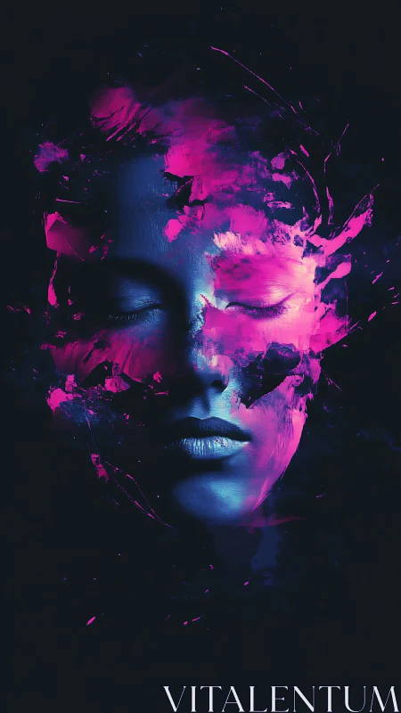Neon-drenched portrait dissolving into cosmic darkness.