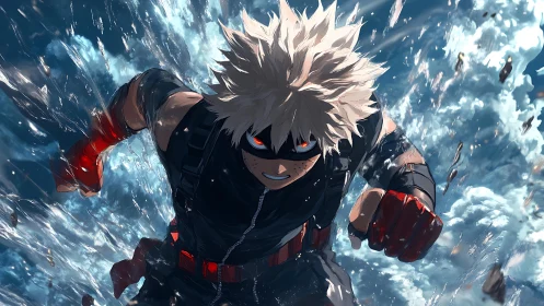 Explosive blond hero charging through shattered sky waters.