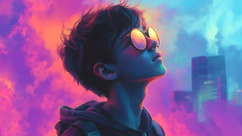 Neon city dreamer in reflective glasses at dusk.