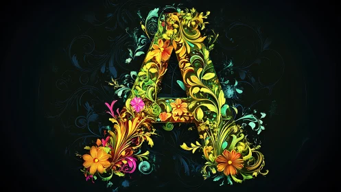 Floral illuminated letter A constructed from dense vector foliage