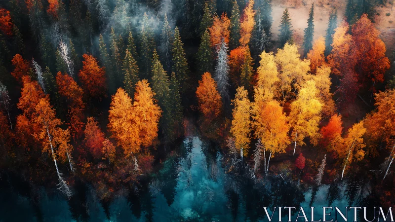 Glowing autumn forest mirrored in a misty turquoise river.