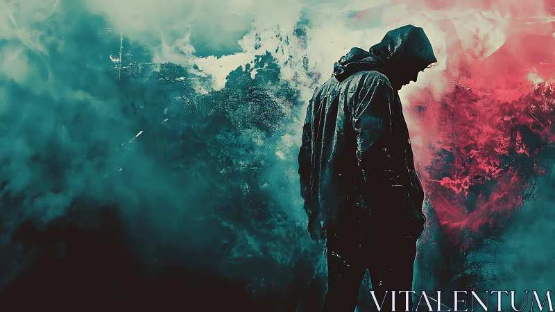 Hooded figure stands in moody teal and red foggy scene.