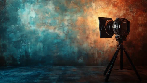 Large format camera on tripod against textured studio wall