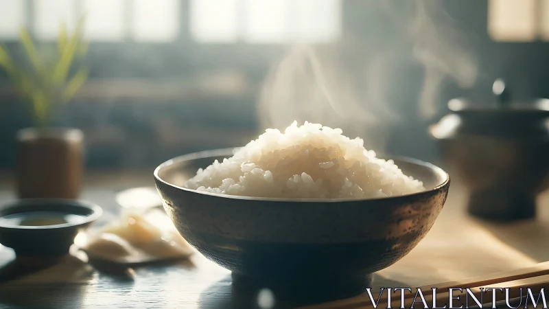 Steaming white rice in rustic bowl on wooden table surface.