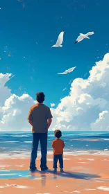 Two figures stand on a beach observing seabirds in flight