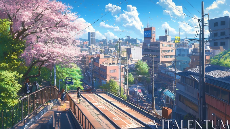 Spring hillside tramway overlooking sunlit Japanese cityscape.