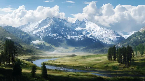 Snow crowned mountains cradle a riverlit valley in silence