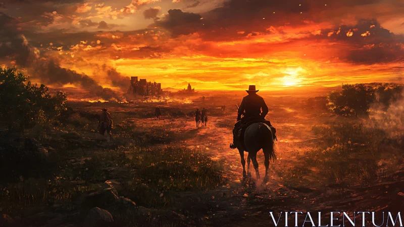 Lone cowboy on horseback riding toward burning frontier town.